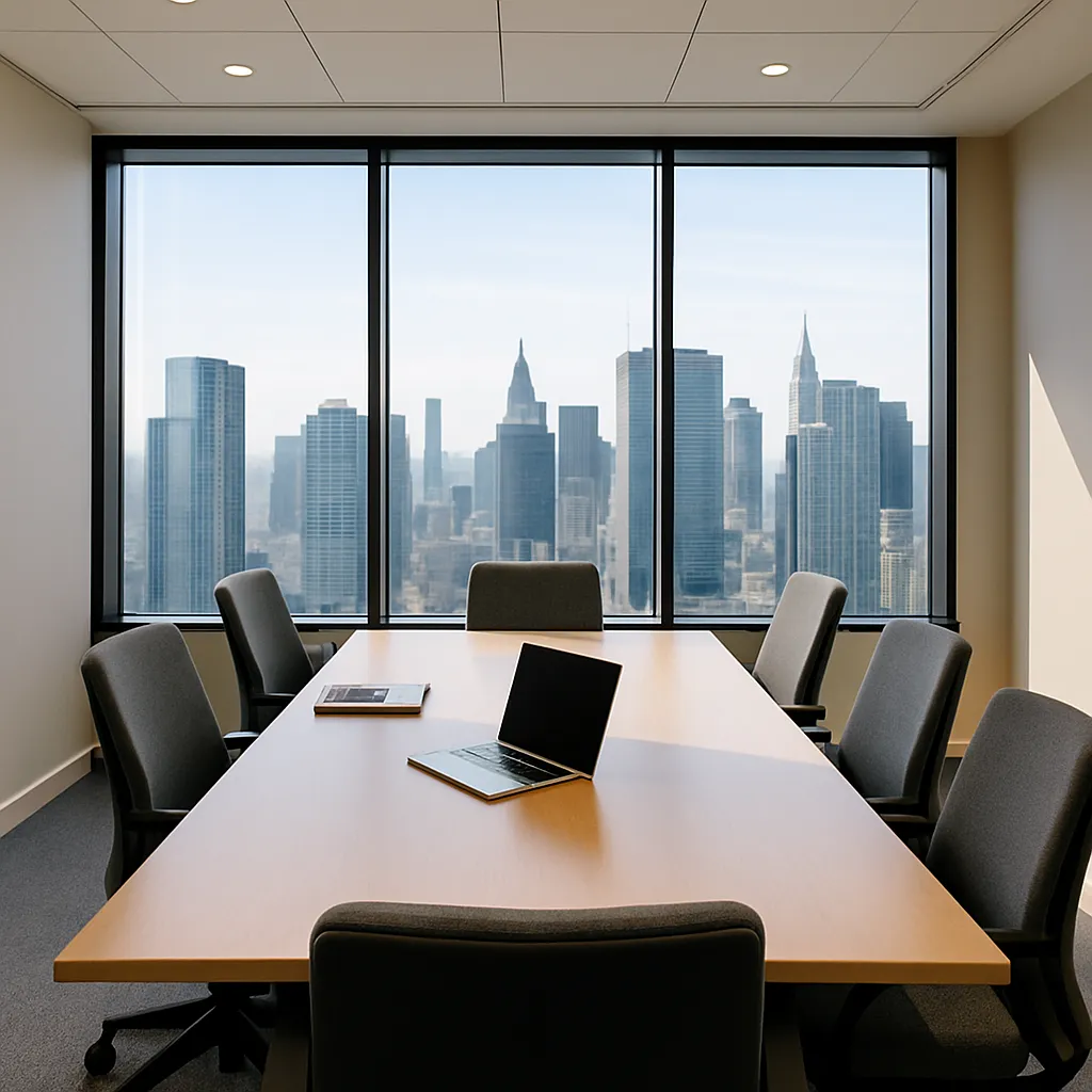 Modern high-rise conference room with a large wooden table and city skyline visible through panoramic windows, ideal for professional meetings.