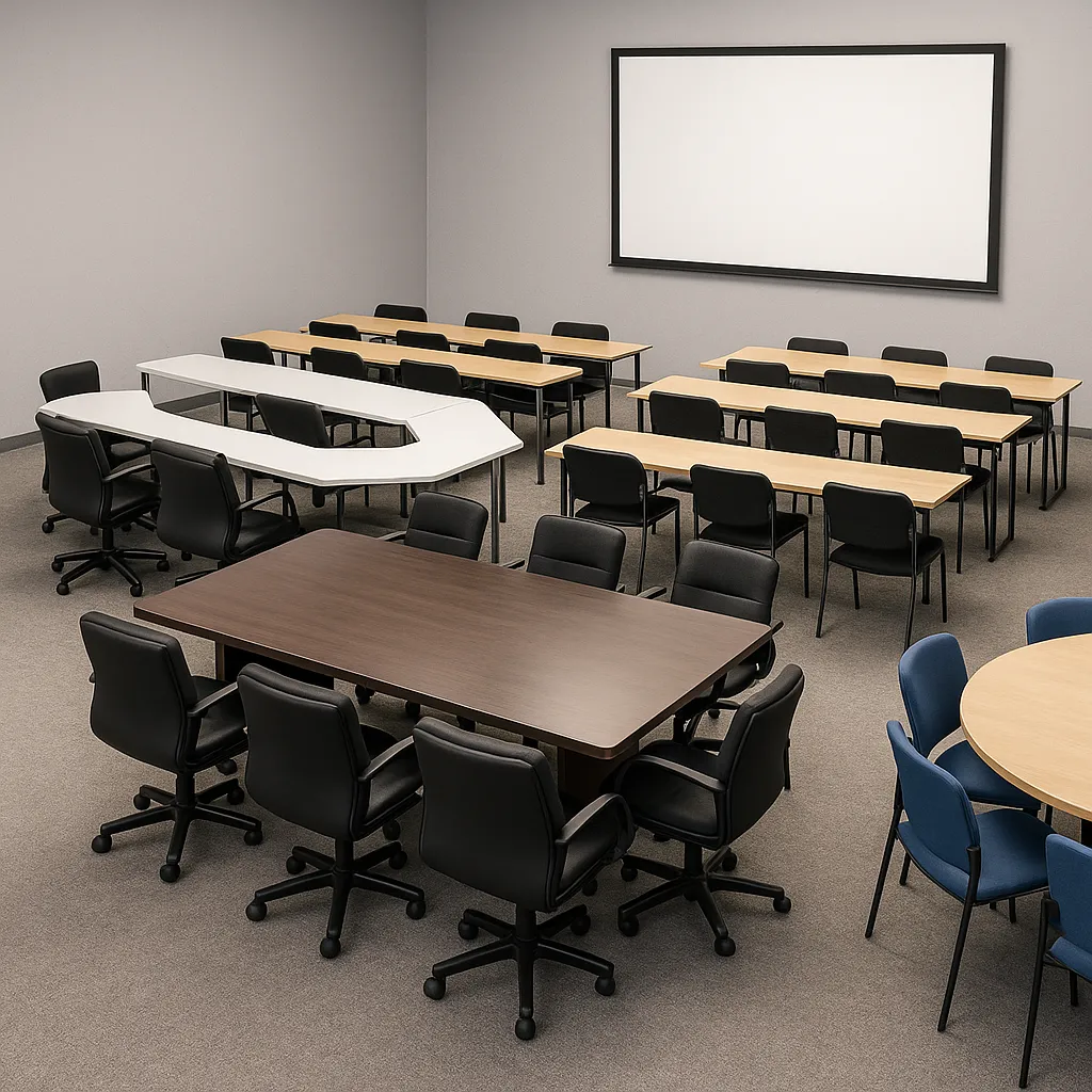 Multiple meeting room setup styles displayed in one space, including boardroom, U-shape, classroom, and round table layouts.