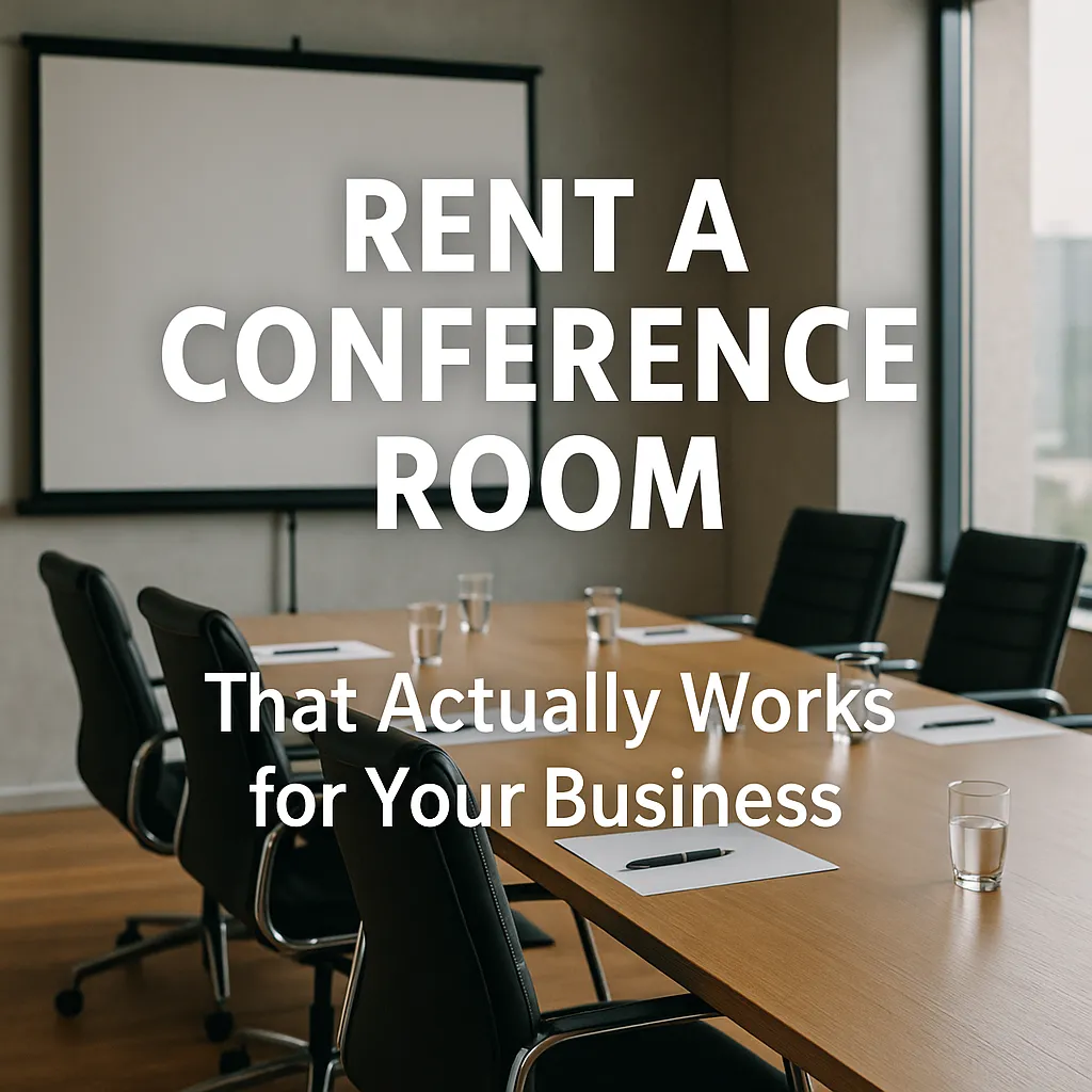 Modern conference room with wooden table, black chairs, paper pads, and projector screen, lit by natural daylight through large window.