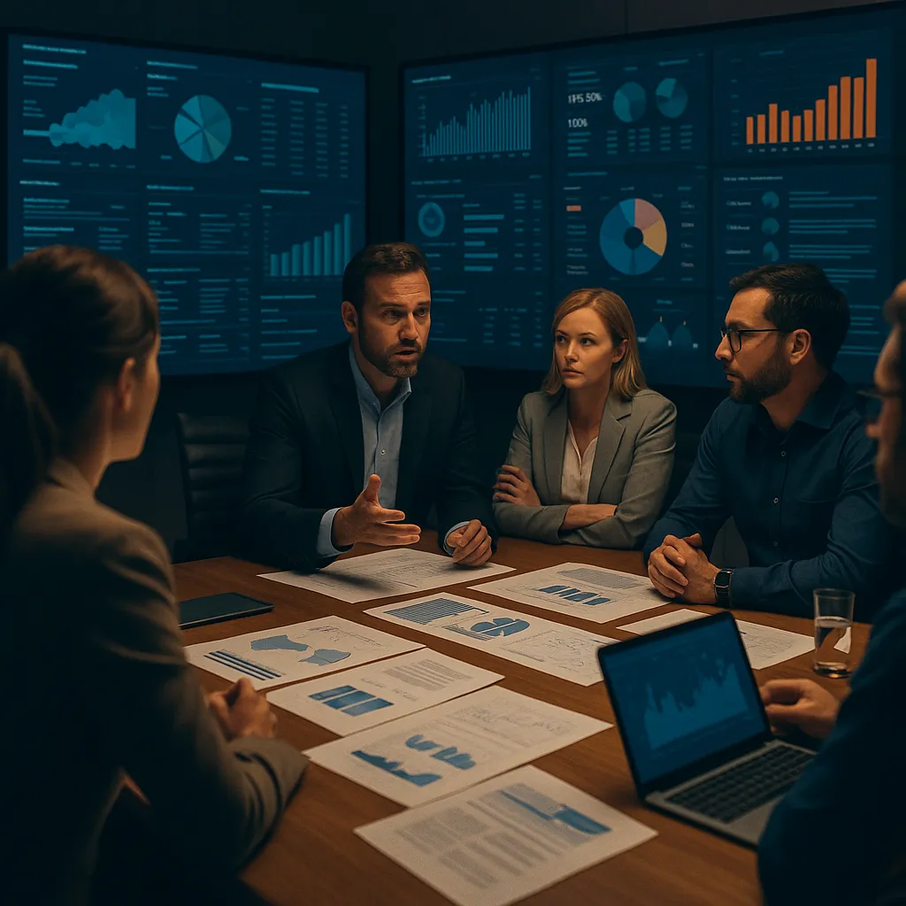 Team of professionals in a modern business war room discussing strategy, surrounded by digital dashboards and performance data.